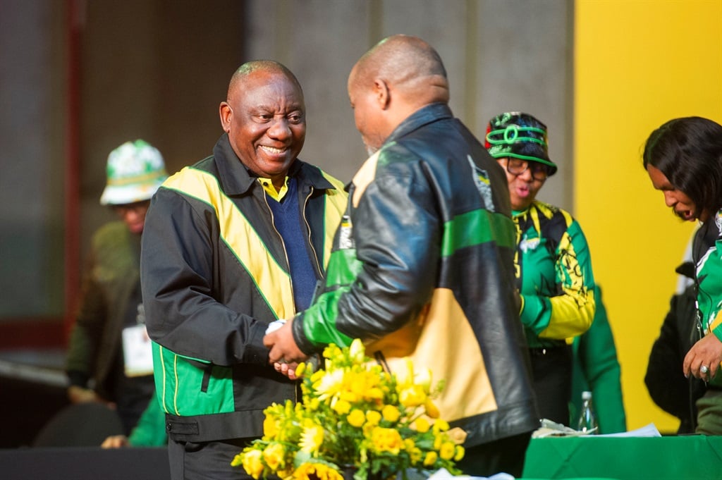ANC president Cyril Ramaphosa with Gwede Mantashe at the African National Congress (ANC) 6th National Policy Conference Closing Ceremony At Nasrec Expo on Sunday. (Photo by Gallo Images/Alet Pretorius)