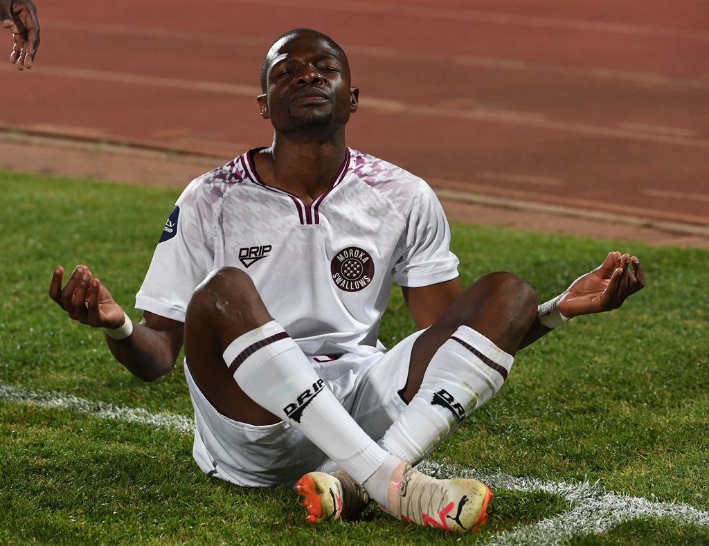 JOHANNESBURG, SOUTH AFRICA - AUGUST 30: Tshegofatso Mabasa of Swallows celebrates his 2nd goal during the DStv Premiership match between Moroka Swallows and Cape Town Spurs at Dobsonville Stadium on August 30, 2023 in Johannesburg, South Africa. (Photo by Lee Warren/Gallo Images)