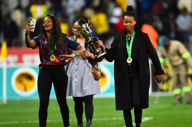 Banyana Banyana players parade their Women's Afcon medals and trophy at Cape Town Stadium. (Gallo Images)