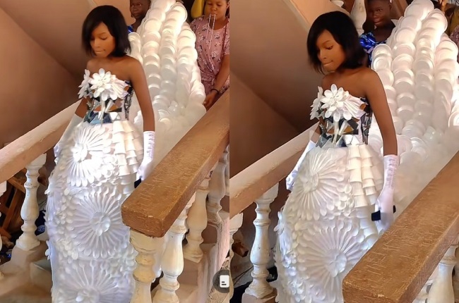 WATCH, Is it really recycling? This wedding gown is made of styrofoam cups,  plastic plates and spoons