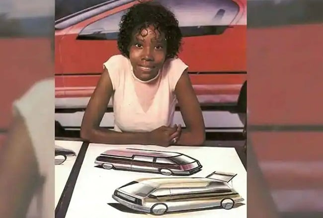 Emeline King with some of her first car drawings a