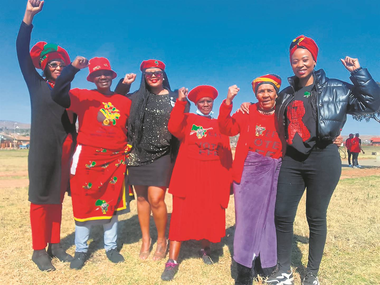 The women of the EFF celebrated Women’s Day at Tsunami Park in Atteridgeville, Tshwane with gogo Maria Nana (second from right).Photo by Raymond Morare