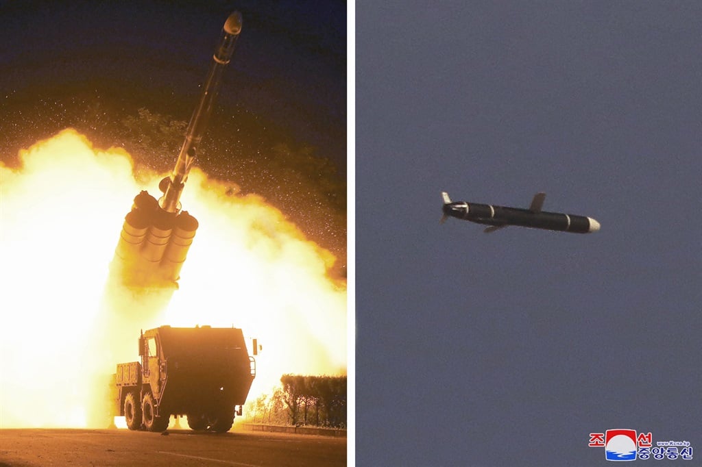 This undated combo picture released from North Korea's official Korean Central News Agency (KCNA) on September 13, 2021 shows a test-fired new type long-range cruise missile on September 11 and 12, conducted by the Academy of Defence Science of the DPRK.