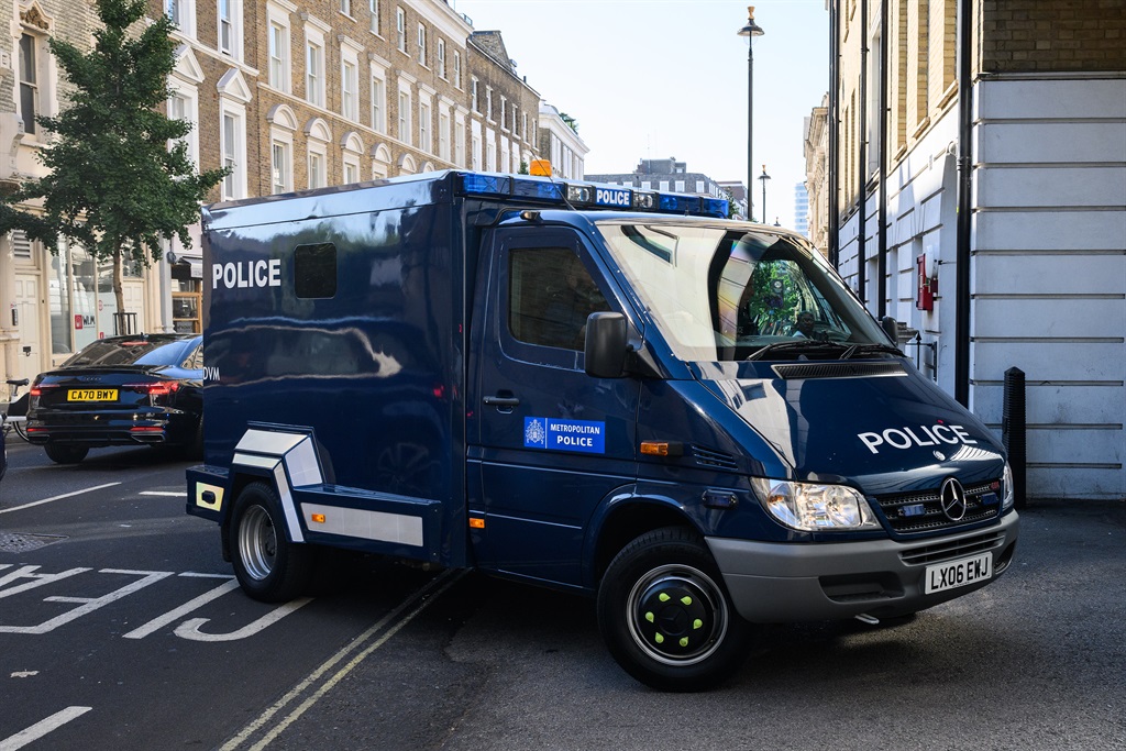 An armoured police van, believed to be carrying Aine Davis, arrives at The City of Westminster Magistrates Court on Thursday. 
