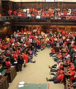 Nehawu members occupying the Old Assembly Chambers. Picture: Lindile Mbontsi