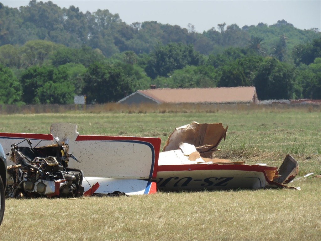 The remains of what used to be a light aircraft after the incident.  Photo by Ntebatse Masipa