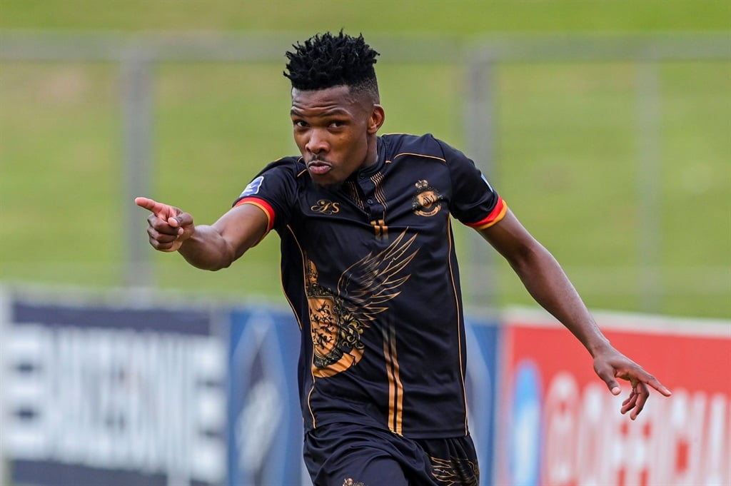 DURBAN, SOUTH AFRICA - APRIL 09: Shaune Mogaila of Royal AM celebrates scoring during the DStv Premiership match between Royal AM and Stellenbosch FC at Chatsworth Stadium on April 09, 2023 in Durban, South Africa. (Photo by Darren Stewart/Gallo Images)