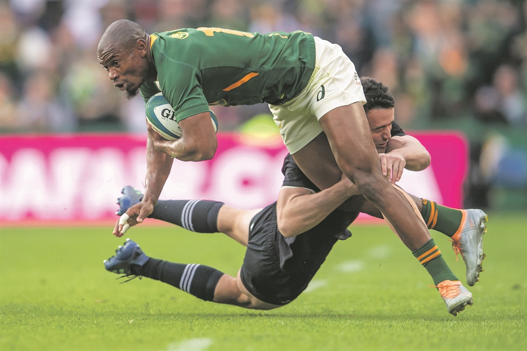 Makazole Mapimpi of the Springboks on attack during The Rugby Championship match between South Africa and New Zealand at Emirates Airline Park on August 13, 2022 in Johannesburg, South Africa. Photo: Anton Geyser/Gallo Images