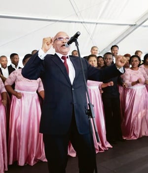 President Jacob Zuma leads the Transnet choir in singing his trademark song, Awuleth’ Umshini Wami, in Port Elizabeth on Friday
PHOTO: LUBABALO NGCUKANA