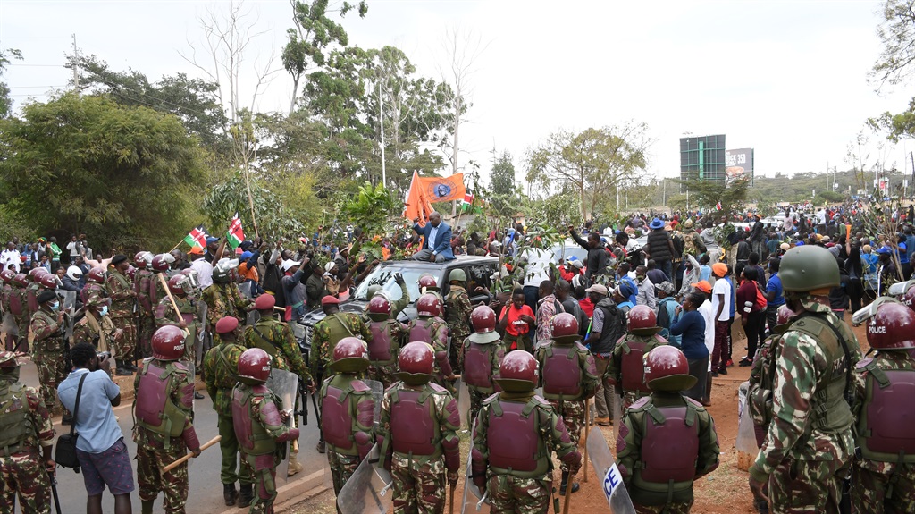 Security forces take measures as people gather to stage a demonstration in support of presidential candidate Raila Odinga during the presidential election race with William Ruto in Nairobi, Kenya on August 15, 2022. (Photo by Billy Mutai/Anadolu Agency via Getty Images)