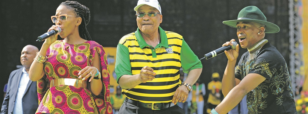 President Jacob Zuma launches the ANC’s election manifesto in the Nelson Mandela Bay municipality, where the party risks losing an important local poll in August. Supporters were slow to arrive at the stadium in Port Elizabeth ahead of the launch. True to form, President Zuma got down to jive with award-winning duo Mafikizolo Picture: Lucky Nxumalo 