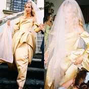 Bride stuns in gold draped Baroque-inspired gown by Vivienne Westwood