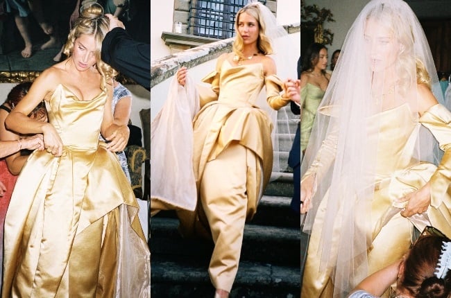 Ginevieve Moramo Campori in her Vivienne Westwood wedding gown. Image via Instagram (Collage by Futhi Masilela)