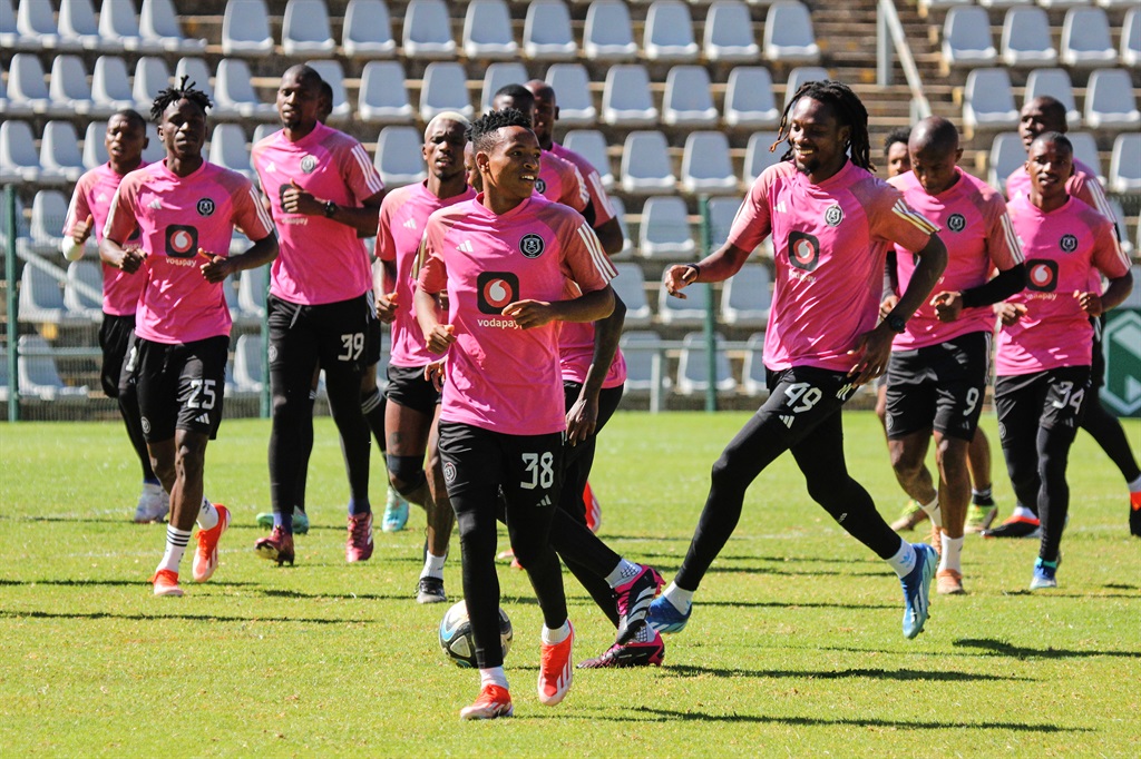 Orlando Pirates players warm-up at Rand Stadium as The Buccaneers prepare for their Nedbank Cup semi-final clash against Chippa United.