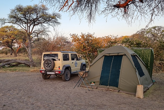 Suzuki Jimny at a tented camp in Botswana.