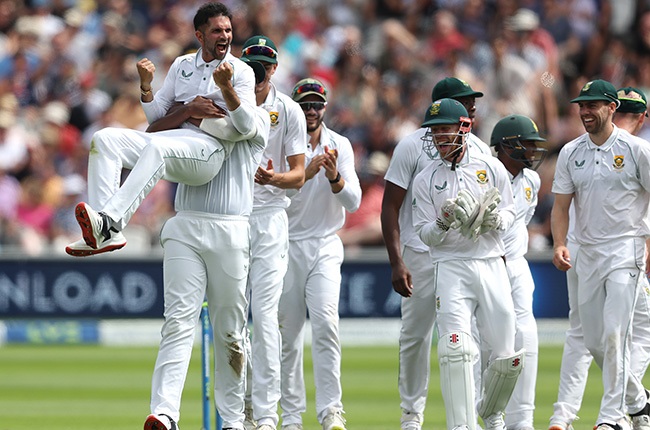 Keshav Maharaj of South Africa celebrates taking a wicket. (Photo by Julian Finney/Getty Images)