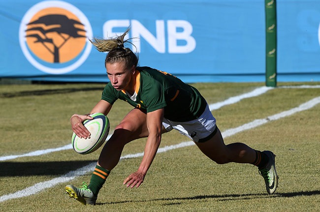 Nadine Roos of the Springboks score during the Womens International 2nd test match between South Africa and Spain at Fanie du Toit Stadium on August 19, 2022 in Potchefstroom, South Africa. (Photo by Lee Warren/Gallo Images)