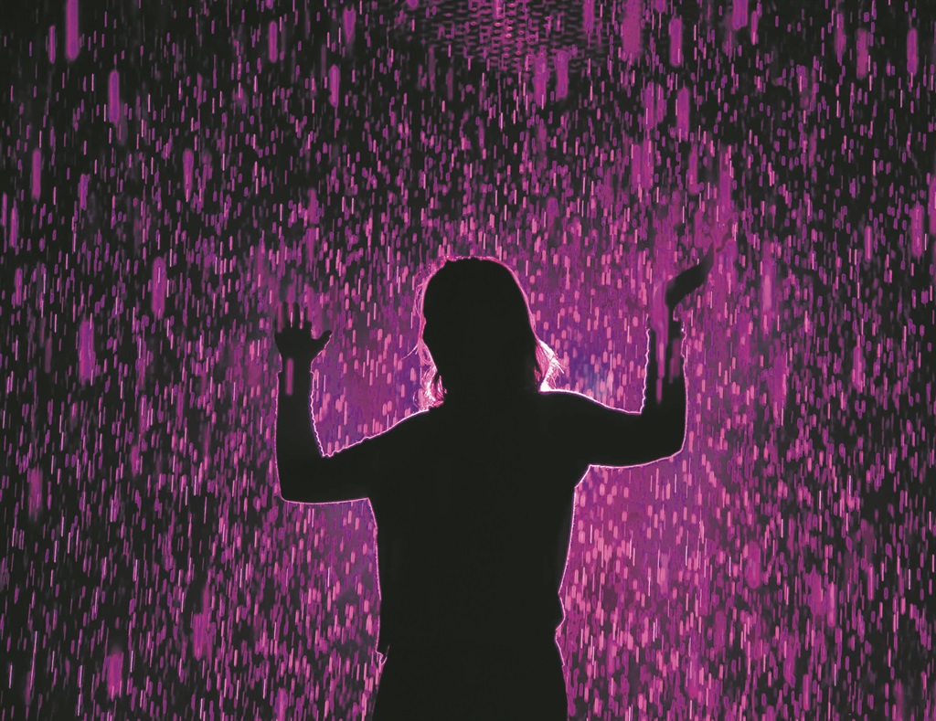 PURPLE RAIN A woman visits the Rain Room, an installation by the artists’ collective Random International at the Los Angeles County Museum of Art. It was bathed in purple light in honour of music icon Prince on Friday, a day after his death. Prince, whose pioneering brand of danceable funk and virtuoso talents made him one of the most influential figures in music, died aged 57. There was no evidence of trauma on his body when he was found unresponsive at his Minnesota compound, and his death is not thought to be a suicide.  Picture: AFP 