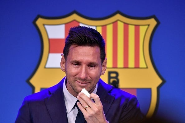 Lionel Messi crying during his FC Barcelona farewell