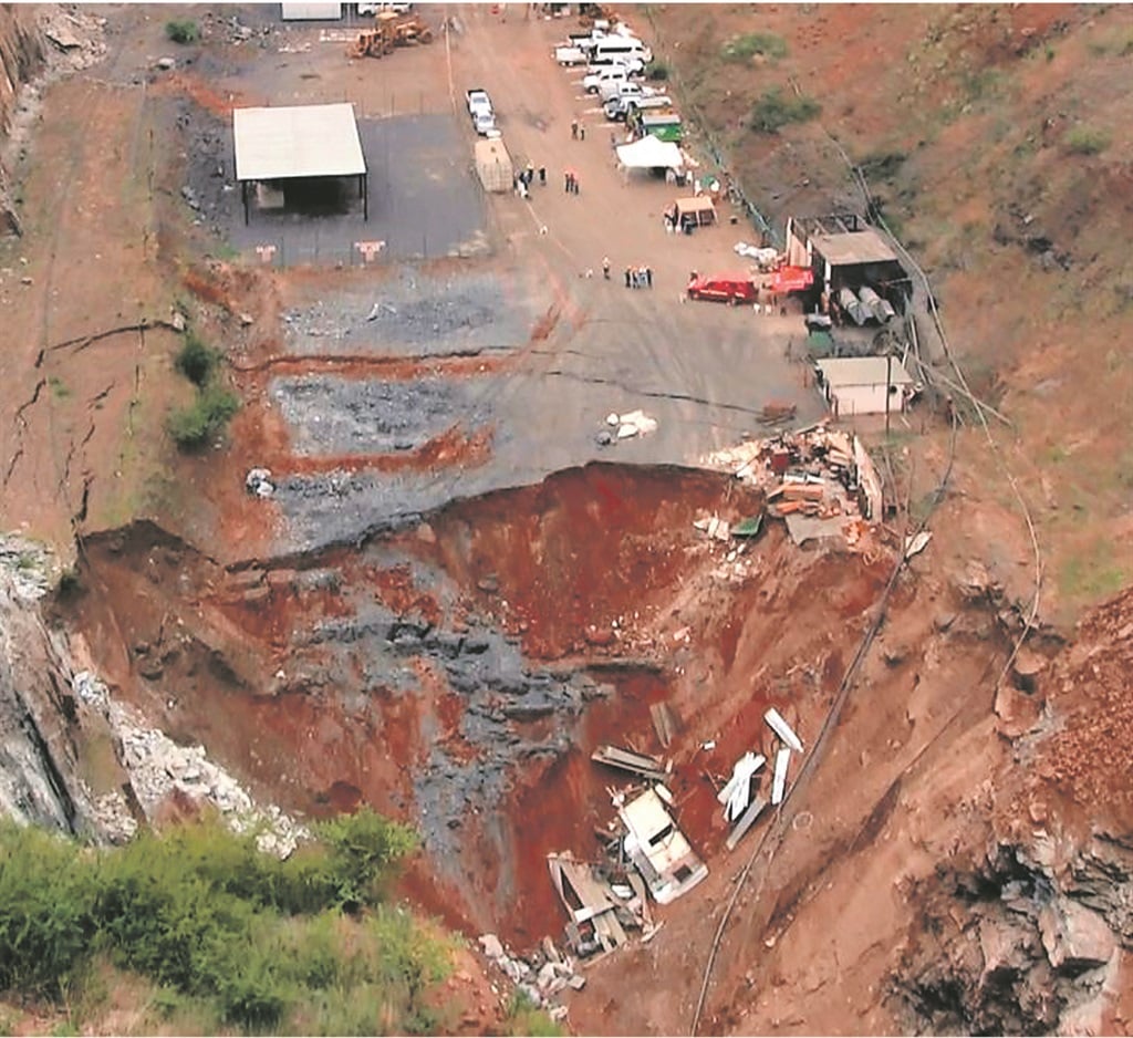 A scene showing the collapsed area, the extent of the damage caused by the sinkhole and the rescue operations required at Lily gold mine in Barberton PHOTO: vantage goldfields 
