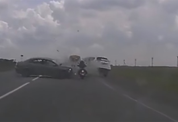 <B>BUCKETS OF LUCK:</B> This rider escaped serious injury, if not death, with this near-miss. <I>Image: YouTube</I>