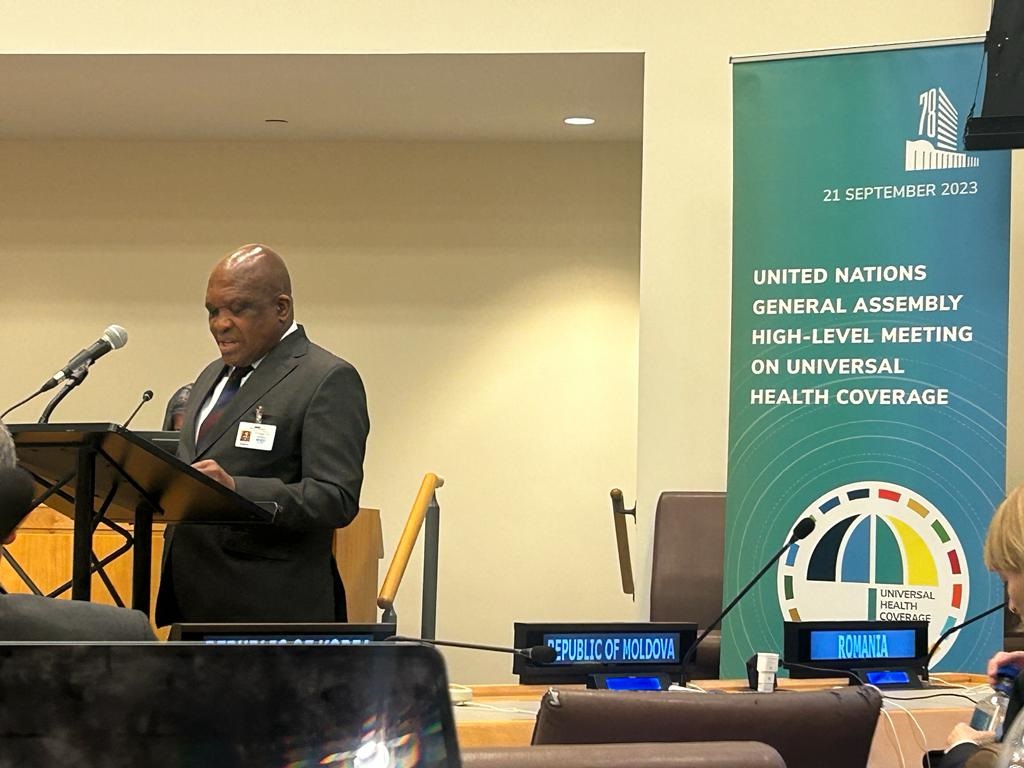 Health Minister Joe Phaahla addresses members at the UN General Assembly in New York City on Thursday.