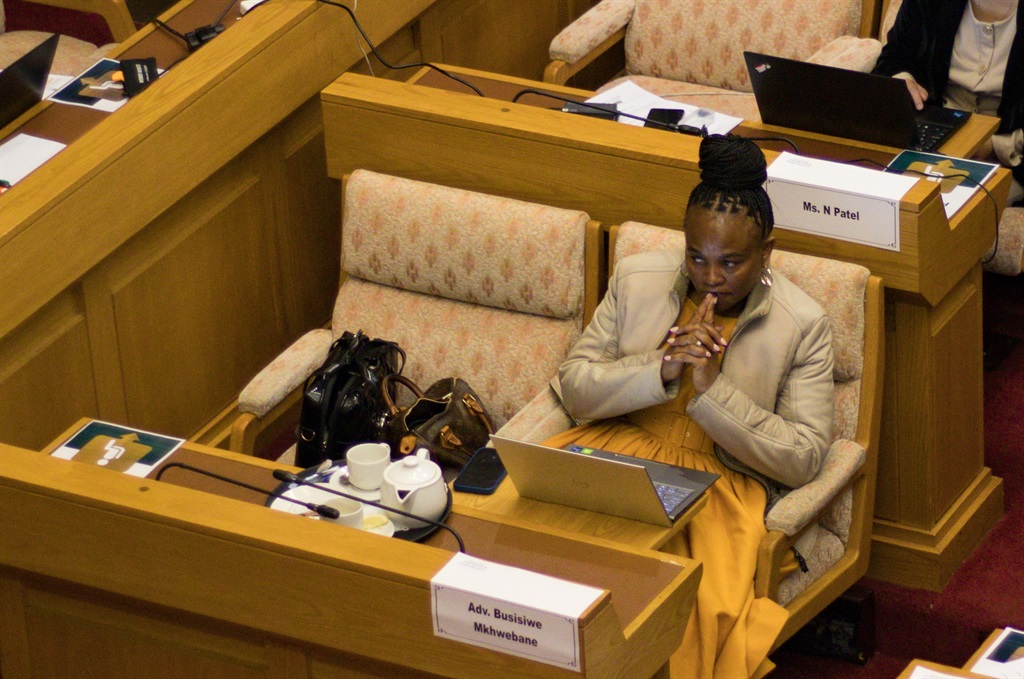 Suspended Public Protector Busisiwe Mkhwebane during the first day of her impeachment hearings.
