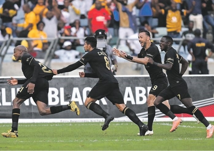 Lebogang Manyama is joined by Leonardo Castro, Samir Nurkovic and Lazarous Kambole in celebrating one of his goals while at Kaizer Chiefs