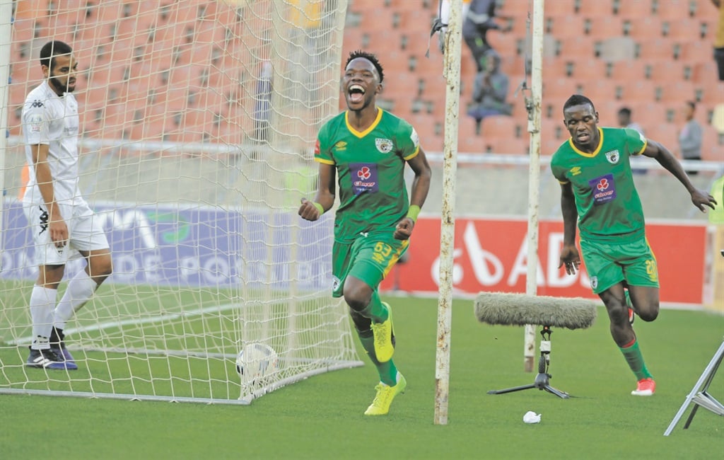 Got it: Mduduzi Mdantsane of Baroka FC celebrates scoring his club’s second goal in yesterday’s National First Division play-off match against Stellenbosch FC. Picture: Philip Maeta / Gallo Images