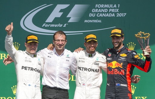 <strong>Results from the 2017 Canadian Grand Prix on Sunday:</strong><br /><br />1. Lewis Hamilton (GBR/Mercedes) 1hr 33min 05.153sec&nbsp;<br />2. Valtteri Bottas (FIN/Mercedes) at 19.783&nbsp;<br />3. Daniel Ricciardo (AUS/Red Bull-TAG Heuer) 35.297<br />4. Sebastian Vettel (GER/Ferrari) 35.907&nbsp;<br />5. Sergio Prez (MEX/Force India-Mercedes) 40.476&nbsp;<br />6. Esteban Ocon (FRA/Force India-Mercedes) 40.716&nbsp;<br />7. Kimi Rikknen (FIN/Ferrari) 58.632&nbsp;<br />8. Nico Hlkenberg (GER/Renault) 1:00.374&nbsp;<br />9. Lance Stroll (CAN/Williams-Mercedes) 1 lap&nbsp;<br />10. Romain Grosjean (FRA/Haas-Ferrari) 1 lap&nbsp;<br />11. Jolyon Palmer (GBR/Renault) 1 lap&nbsp;<br />12. Kevin Magnussen (DEN/Haas-Ferrari) 1 lap&nbsp;<br />13. Marcus Ericsson (SWE/Sauber-Ferrari) 1 lap&nbsp;<br />14. Stoffel Vandoorne (BEL/McLaren-Honda) 1 lap&nbsp;<br />15. Pascal Wehrlein (GER/Sauber-Ferrari) 2 laps&nbsp;<br />16. Fernando Alonso (ESP/McLaren-Honda) 4 laps<br /><br /><strong>Did not finish</strong><br />Felipe Massa (BRA/Williams), Carlos Sainz Jnr (ESP/Toro Rosso), Max Verstappen (NED/Red Bull), Daniil Kvyat (RUS/Toro Rosso)<br /><br />