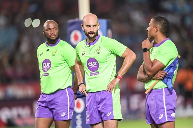 Referee Andrea Piardi (M) with his assistants. (Photo by Christiaan Kotze/Gallo Images)
