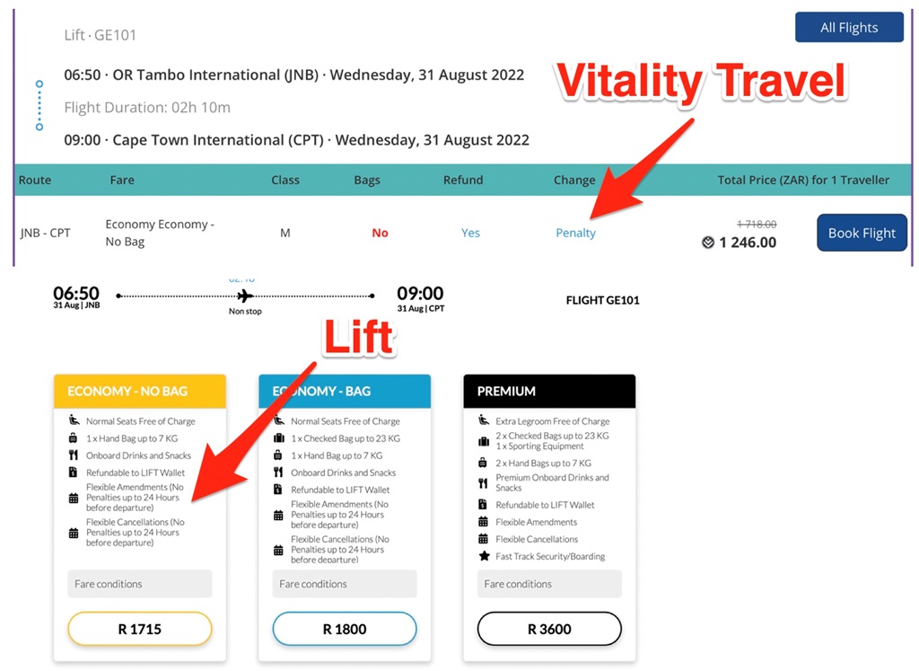 Flight change policies on Lift differ from Vitalit