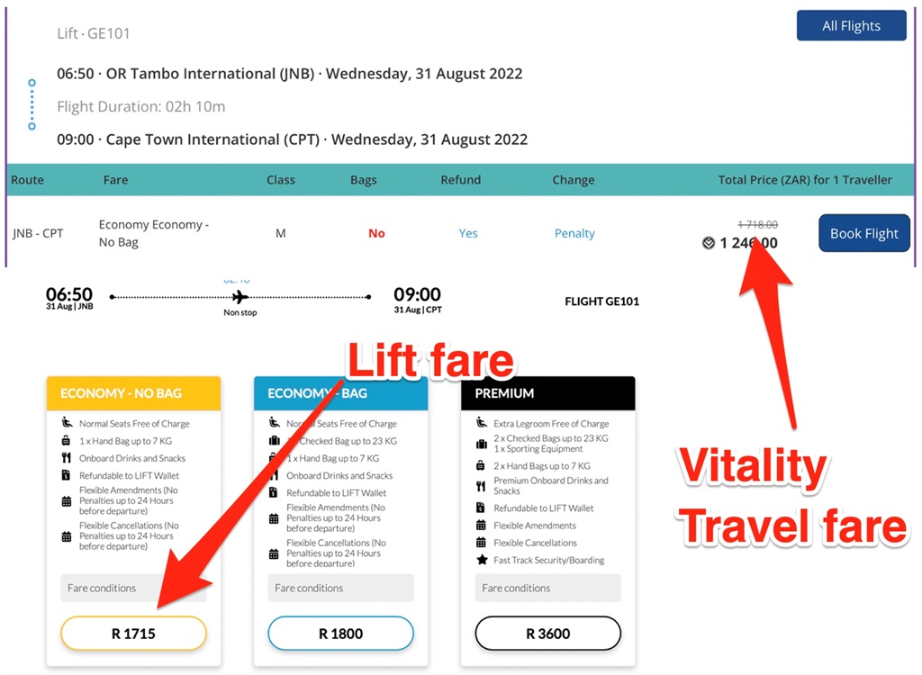 Fare difference between Lift and Vitality Travel.