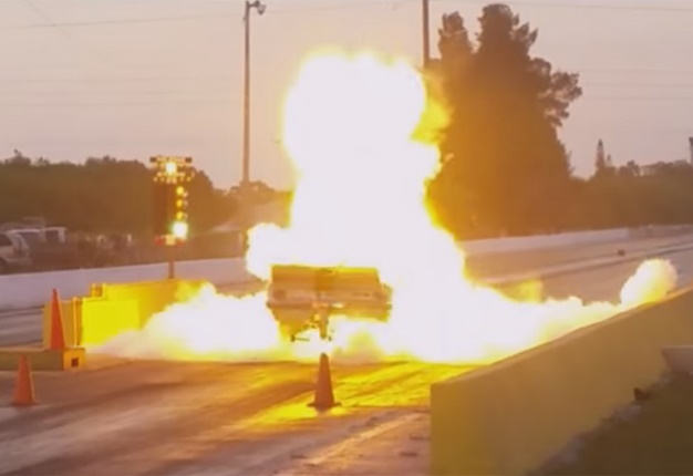 <B> CATCHING FIRE:</B> The driver of this drag car was lucky to escape with his life after his car blew up in spectacular fashion. <I>Image: YouTube</I>