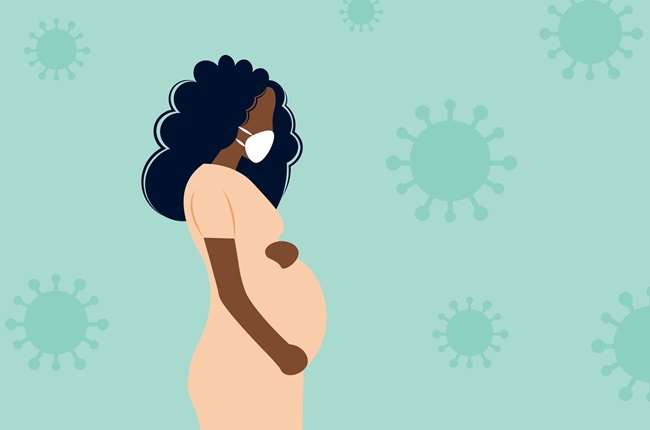 Young beautiful pregnant black woman wearing face mask in front of a coronavirus background