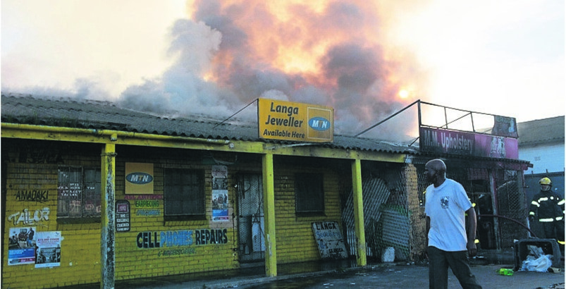 An upholstery shop burned down in Langa in Cape Town on Sunday morning.             Photo by Lulekwa Mbadamane 