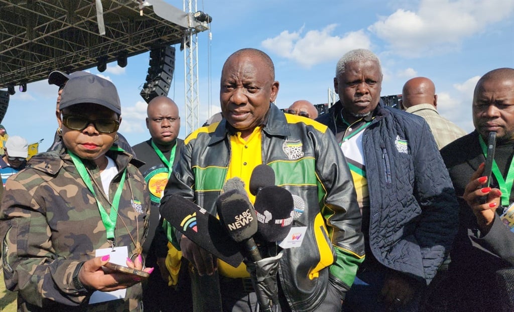 ANC president Cyril Ramaphosa spoke to journalists after delivering his Siyanqoba rally message in Qwaqwa on Sunday. (Amanda Khoza/News24)
