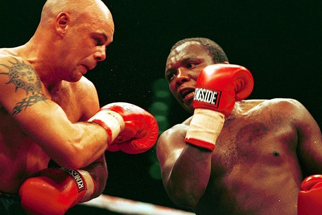 Dingaan Thobela (R) fighting against British boxer Glenn Catley at Carnival City in Brakpan on 1 September 2000. Thobela won by knockout to claim the WBC super-middleweight title. (Duif du Toit/Gallo Images)