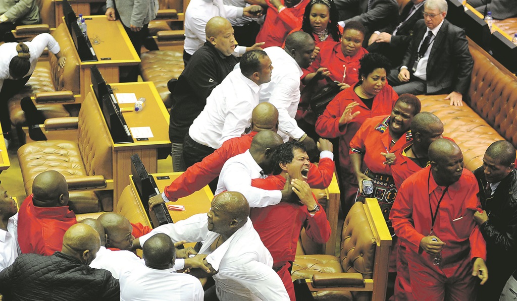 The live-action tussles courtesy of the EFF and parliamentary bouncers. Picture: Lerato Maduna 