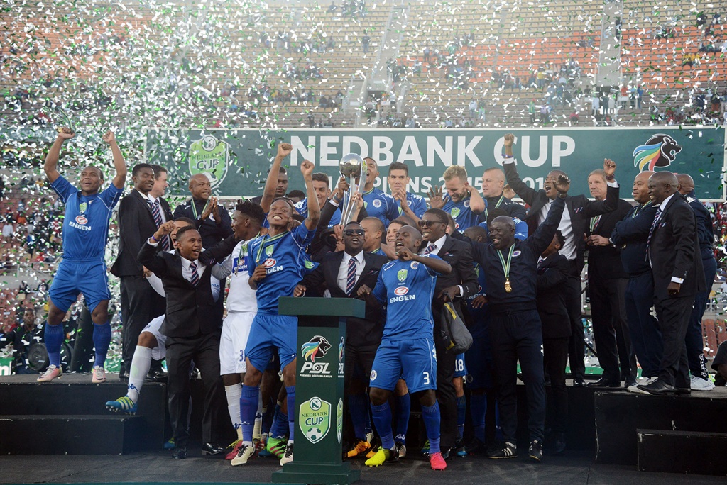  SuperSport United celebrate during the Nedbank Cup Final between SuperSport United and Orlando Pirates at the Peter Mokaba Stadium on May 28, 2016 in Polokwane, South Africa.
