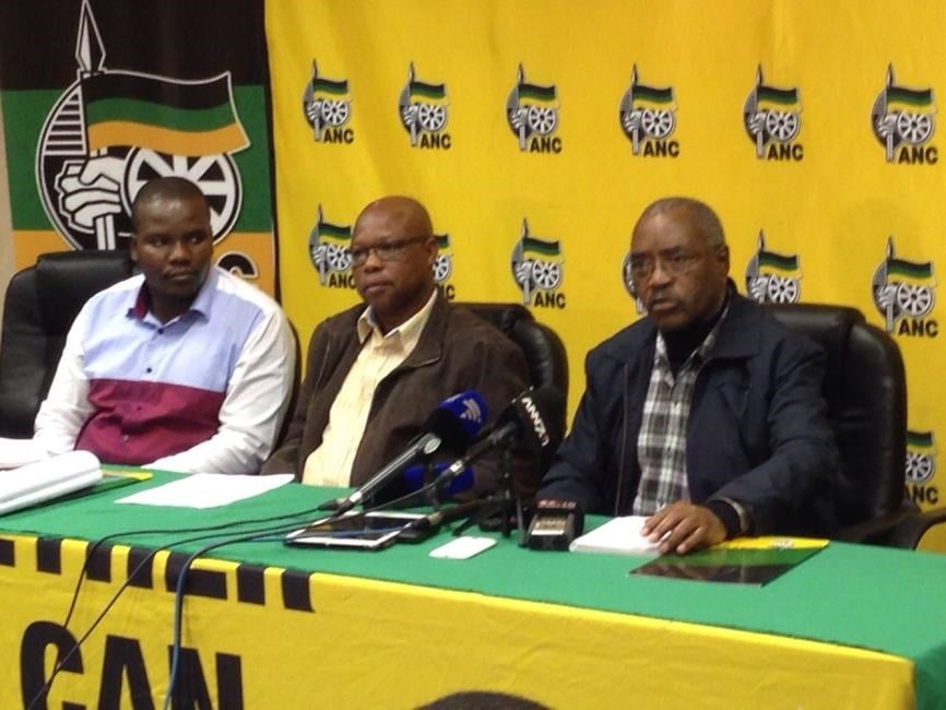 ANC spokesperson Mdumiseni Ntuli, ANC provincial secretary Super Zuma and deputy chairperson Willies Mchunu at today’s press briefing on the cabinet reshuffle in KwaZulu-Natal. Picture: Paddy Harper