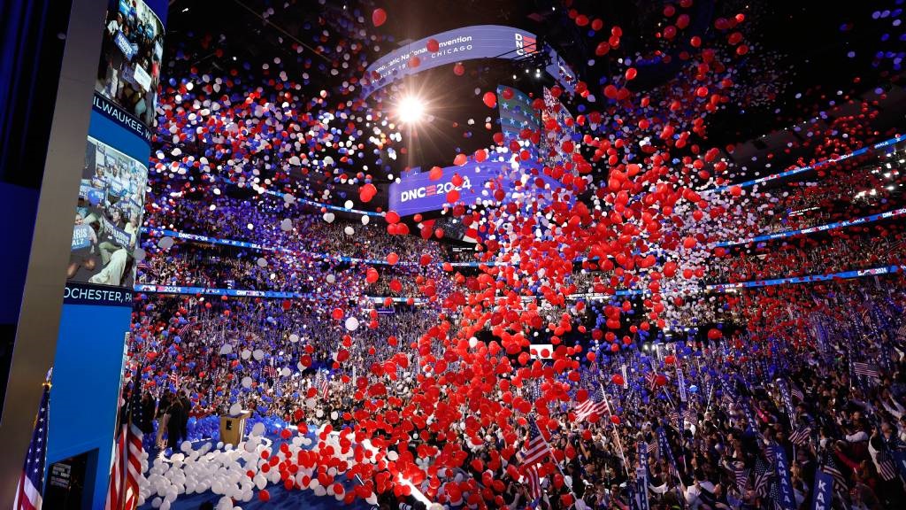 Balloons drop onto the stage after US Vice President and 2024 Democratic presidential candidate Kamala Harris spoke at the conclusion of the fourth and last day of the Democratic National Convention (DNC) at the United Center in Chicago, Illinois. (Kamil Krzaczynski/AFP)