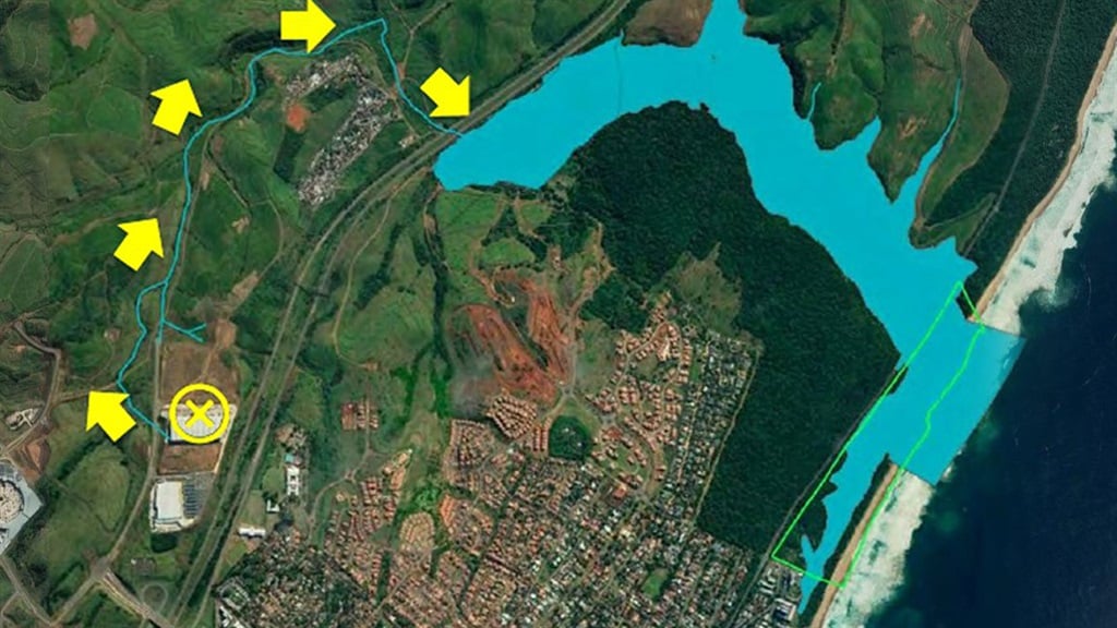 Google Maps image showing the flow (yellow) and extent (blue) of the contamination (Google Maps/Presentation to portfolio committee on environment, forestry, and fisheries)