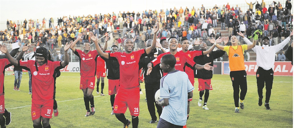 PROMISED LAND Highlands Park players celebrate after gaining promotion to the Absa Premiership. Pictures: Lucky Nxumalo 