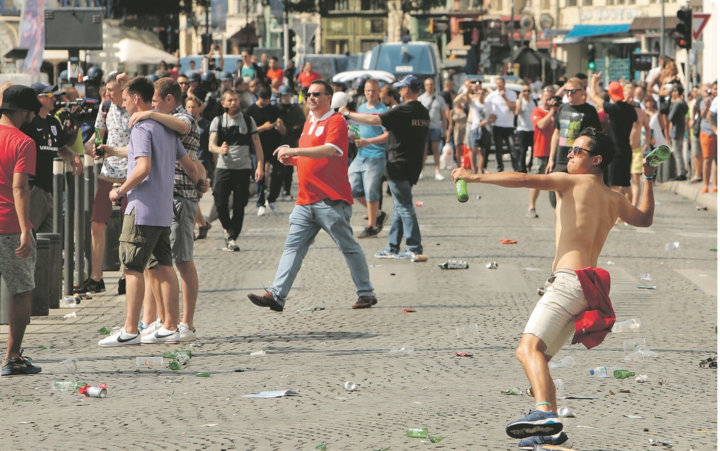 RIOT England fans gather amid clashes with police ahead of the game against Russia in Marseille, France. Picture: Getty Images 