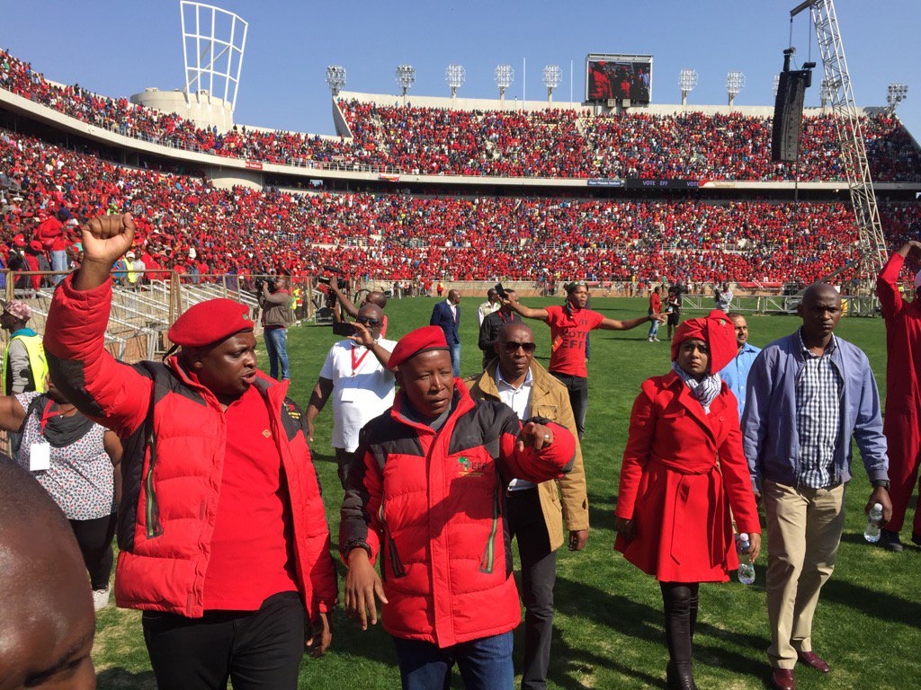 Julius Malema arriving at the EFF's rally at the Peter Mokaba stadium in Polokwane. Picture: Felix Dlangamandla