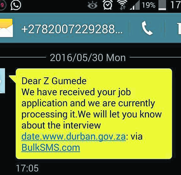 One of the SMSes received by Zinhle Gumede. 