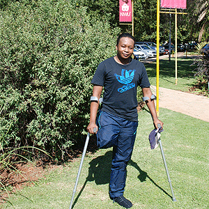 Karebo Maragelo, with crutches 