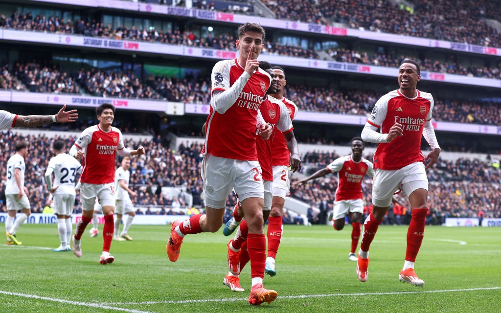 LONDON, ENGLAND - APRIL 28: Kai Havertz of Arsenal celebrates scoring their teams third goal during the Premier League match between Tottenham Hotspur and Arsenal FC at Tottenham Hotspur Stadium on April 28, 2024 in London, England. (Photo by Chloe Knott - Danehouse/Getty Images) (Photo by Chloe Knott - Danehouse/Getty Images)