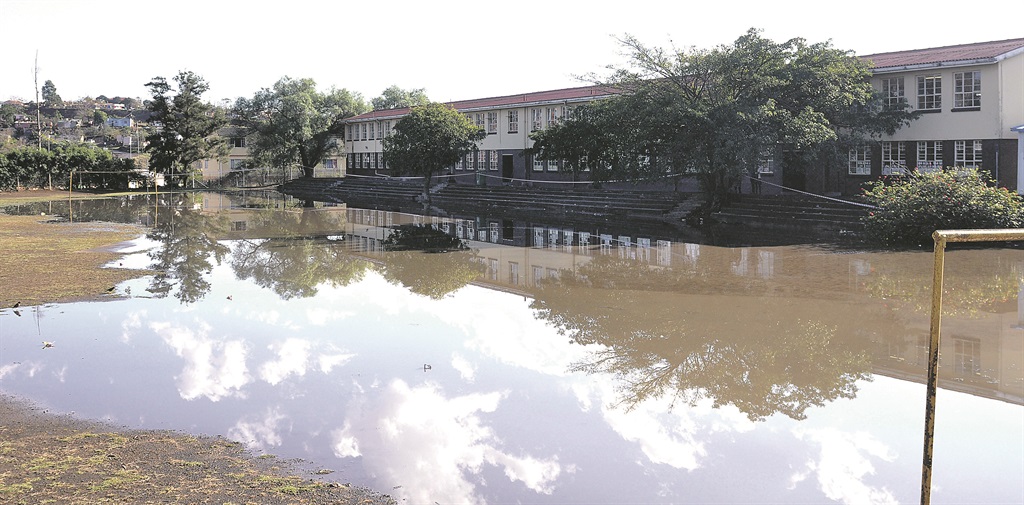 Heavy rain left a dam of water on the Roseland Primary School sports field.  Photo by Jabulani Langa 